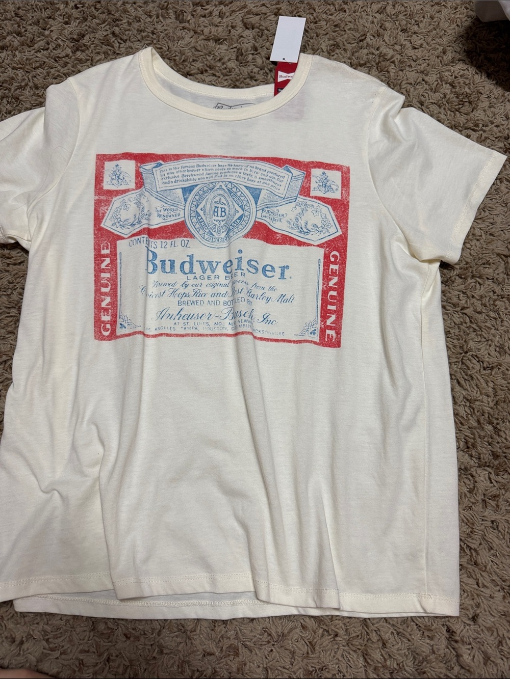 Budweiser Cream Tee with Red and Blue Label Graphic